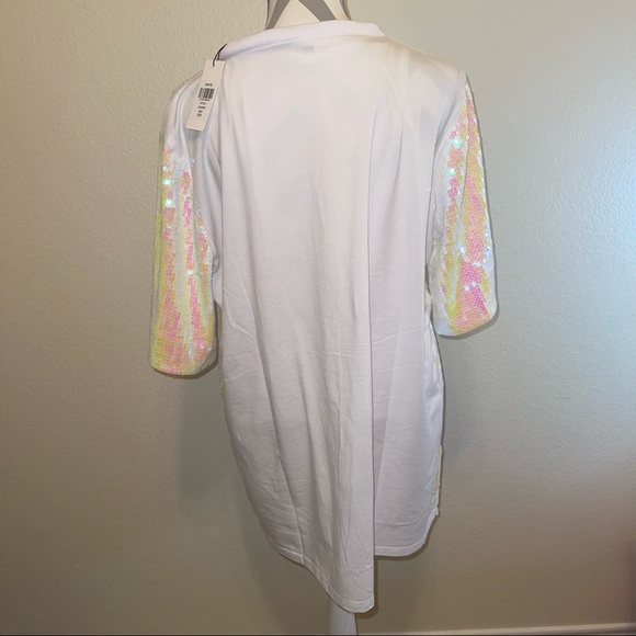 White Iridescent Sequin Trendy “Bride to Be” Short Sleeve Mini Dress One Size - Picture 8 of 12